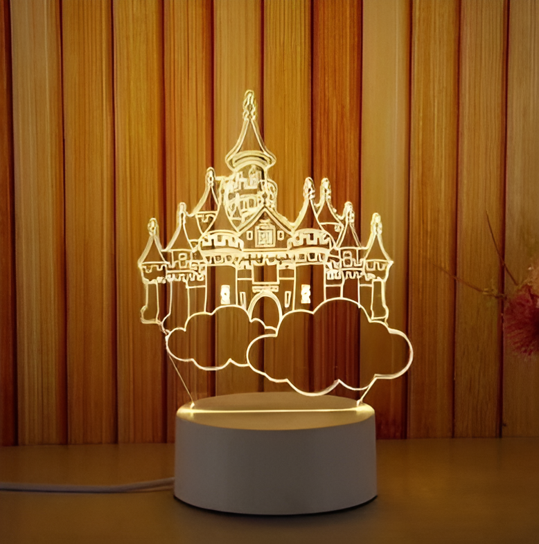 Luminária Abjur Led 3D em Acrílico Mesa Castelo Encantado Princesa Rei Rainha Luz Branca Presente Familia Filha princesa