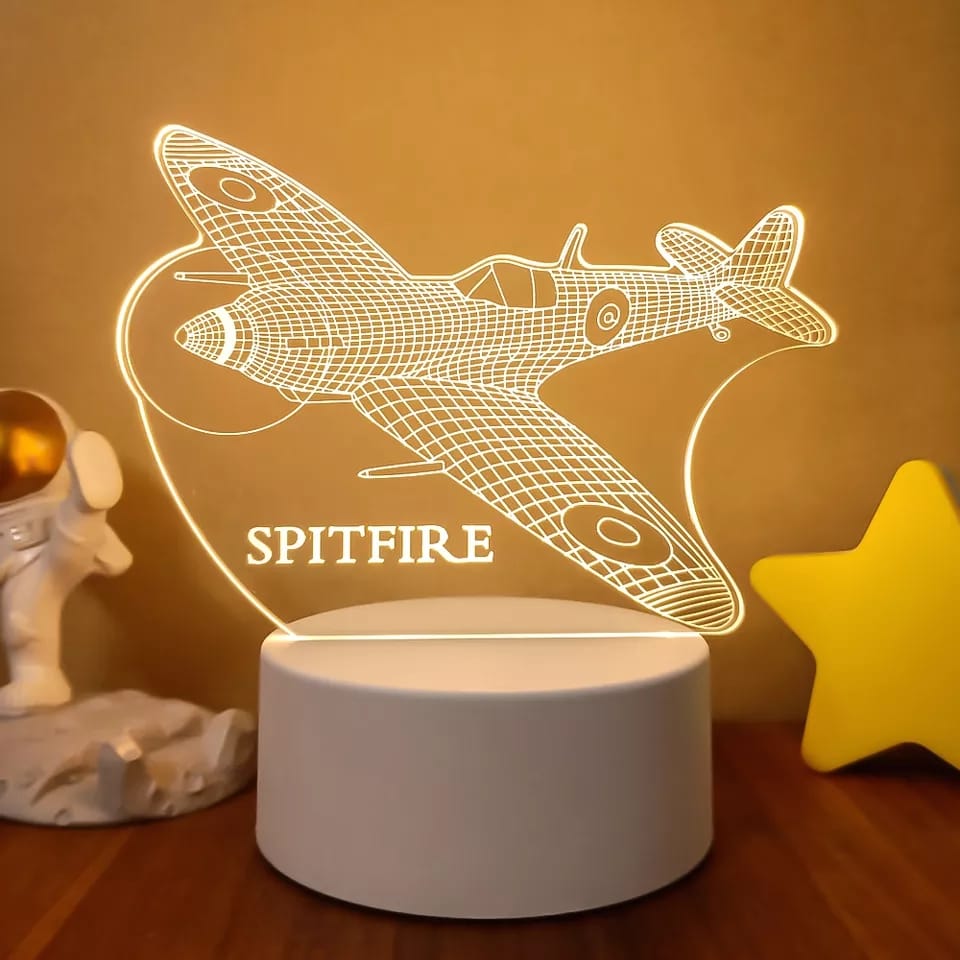Luminária Abajur Avião Guerra SpitFire Display Led 3d Mesa Quarto Luz Presente Mãe Pai Filho Avo Namorada Ilusão Optica