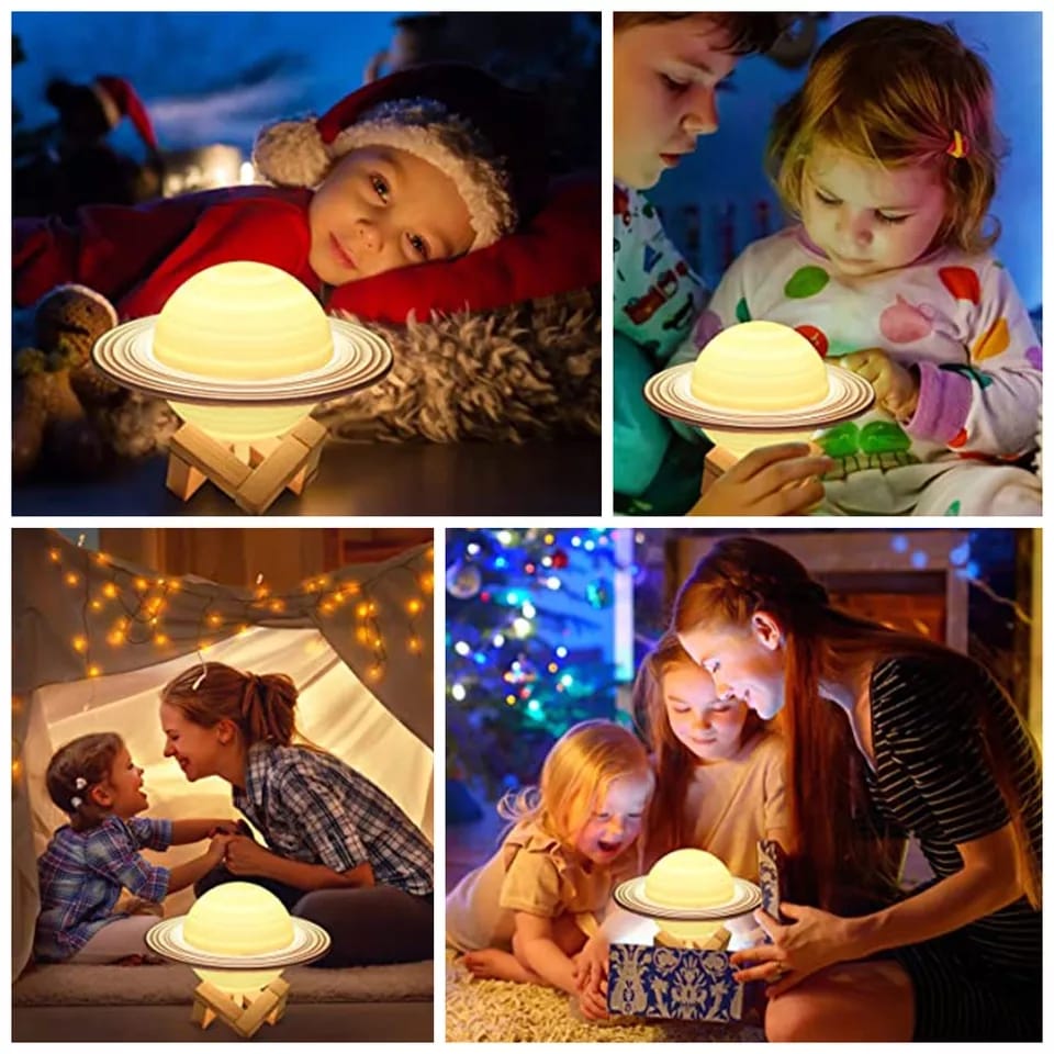 Luminária Abajur Led 3d Planeta Saturno Amarela Mesa Quarto Luz Noturna Presente