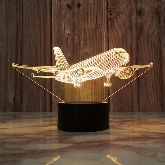 Luminária Abajur Avião Boing Comercial Acrílico Led 3d Mesa Quarto Namorado Luz Presente Mãe Pai Filho Avo Ilusão Optica