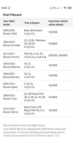 Sensor De Ângulo Nissan Frontier Murano Qx56 350z 2007 2017